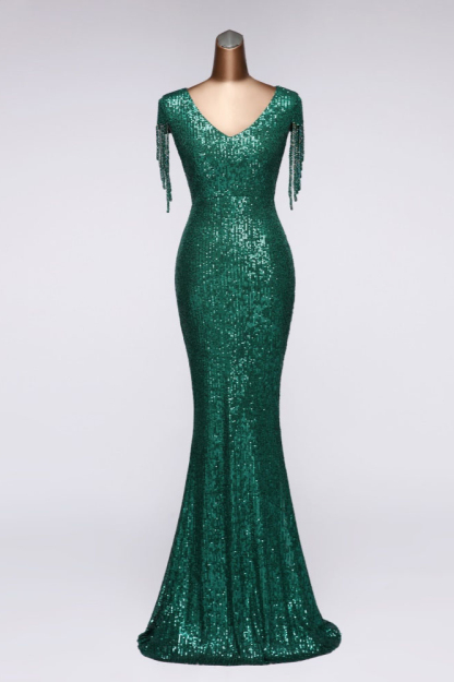 BMbridal Elegant V-Neck Beading Long Mermaid Prom Dresses with Short Sleeves Online