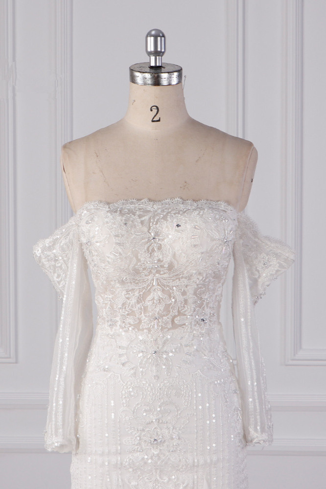 BMbridal Gorgeous Strapless White Tulle Lace Wedding Dress Long Sleeves Beadings Bridal Gowns On Sale-BMbridal