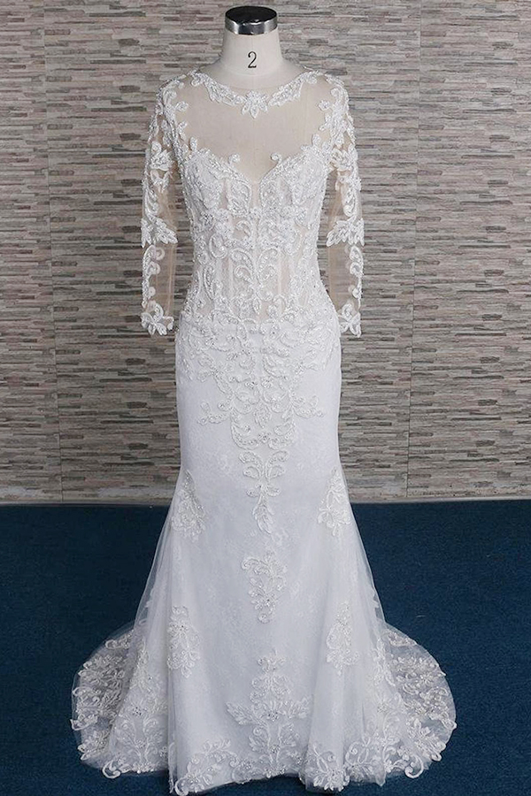 BMbridal Modest Longsleeves Jewel Lace Wedding Dresses With Appliques White Tulle Bridal Gowns On Sale-BMbridal
