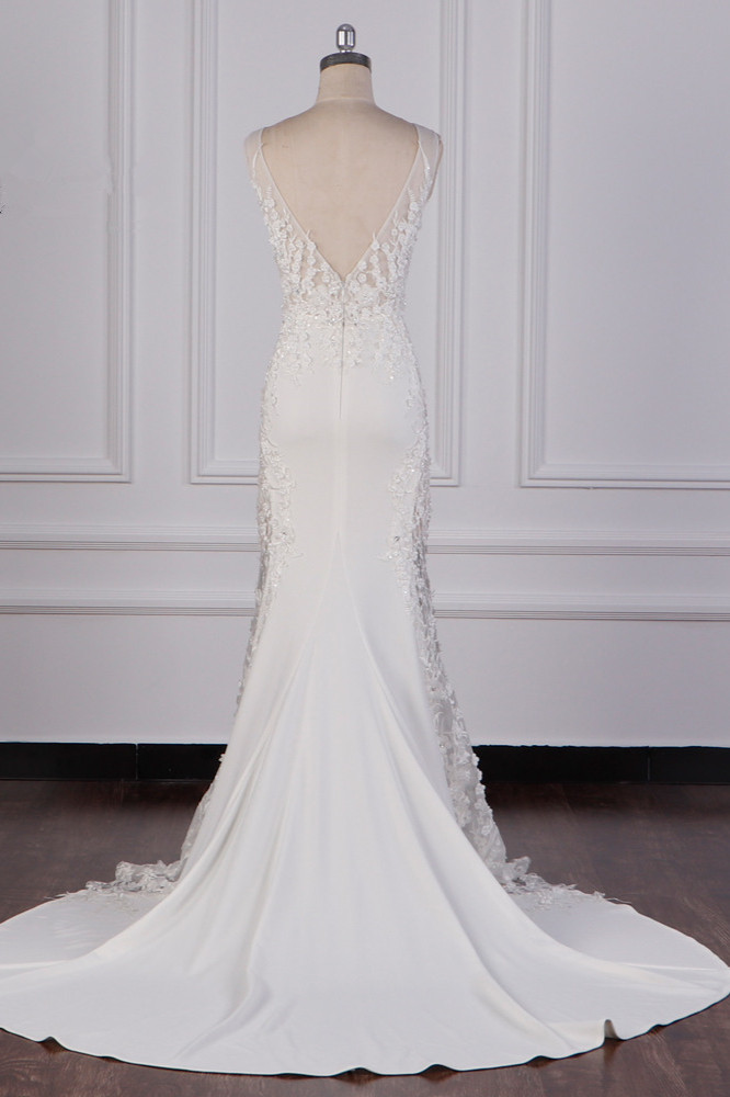 BMbridal Glamorous Jewel Tulle Lace Wedding Dress Sleeveless Appliques Beadings Bridal Gowns Online-BMbridal