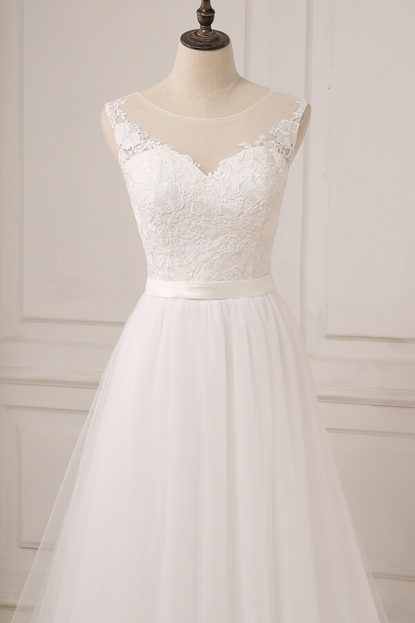BMbridal Glamorous Tulle Sleeveless Jewel Wedding Dress White A-line Appliques Bridal Gowns On Sale