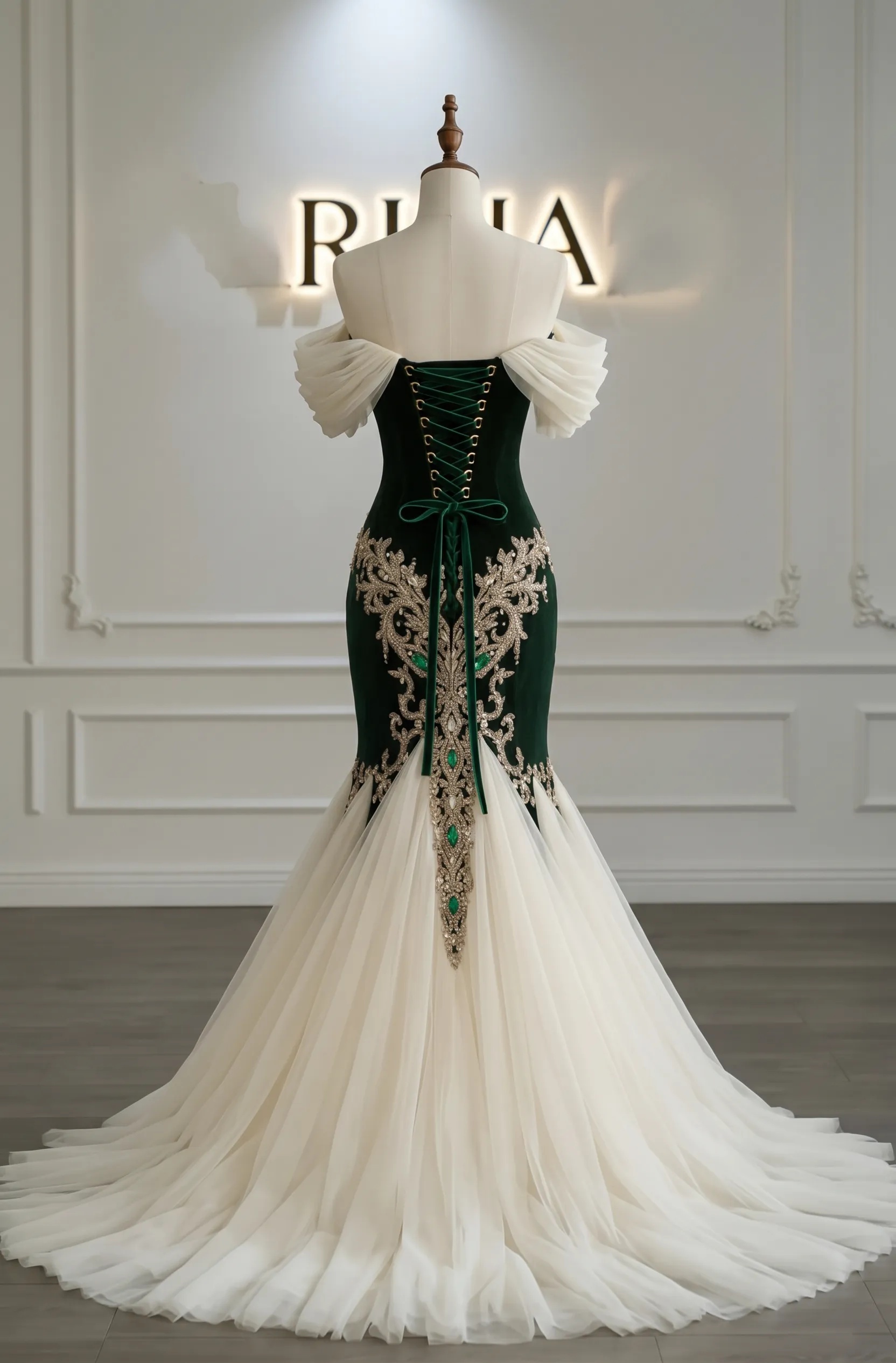 Regal Dark Green Off-The-Shoulder Sleeveless Mermaid Prom Dress with Rhinestones and Ruffles