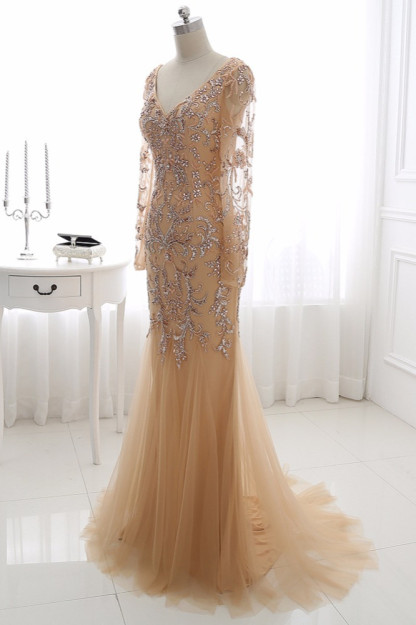 BMbridal Elegant Tulle Appliques Mermaid Prom Dresses V-Neck Sleeveless Rhinestones Party Dresses On Sale-BMbridal