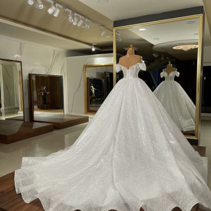 Romantic Off-the-Shoulder Long Ball Gowns Wedding Dress with Sequins