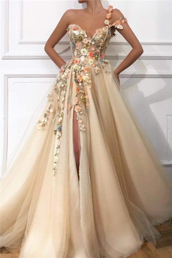 Bmbridal One Shoulder Long Prom Dress Split With Flowers