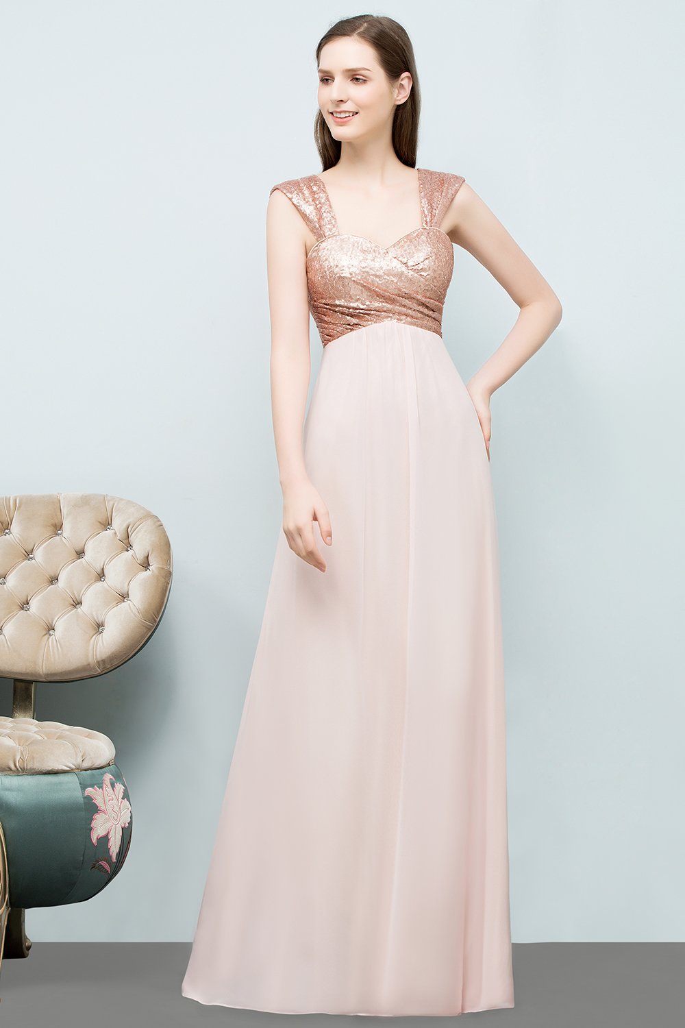 BMbridal A-line Sweetheart Off-shoulder Spaghetti Long Sequins Chiffon Prom Dress