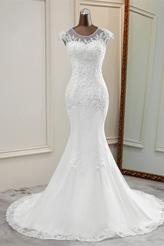 BMbridal Elegant Jewel Sleeveless White Lace Mermaid Wedding Dresses with Rhinestone Appliques