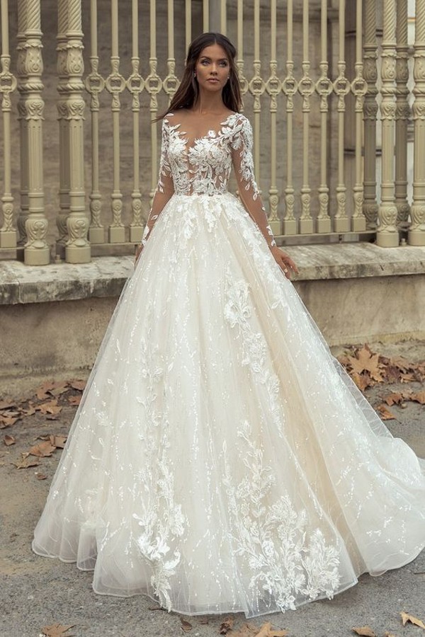 Bmbridal Long Sleeves Wedding Dress Princess With Lace Appliques-BMbridal