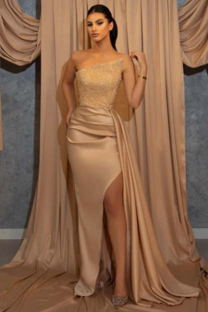 Champagne Sexy Long Sleeveless Glitter Mermaid Prom Dresses-BMbridal.com