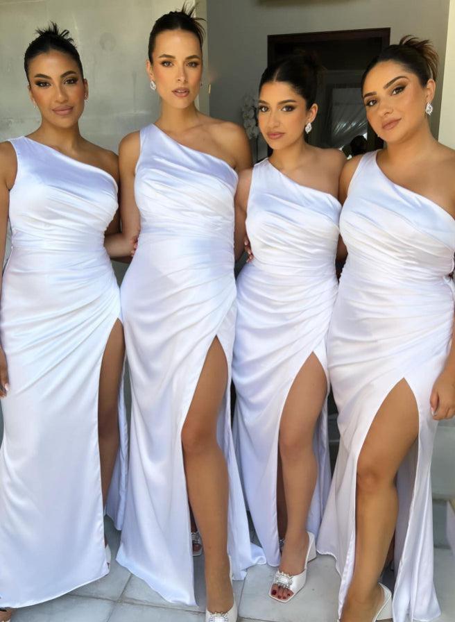 Charmeuse Slit Bridesmaid Dresses with One-Shoulder Open Back