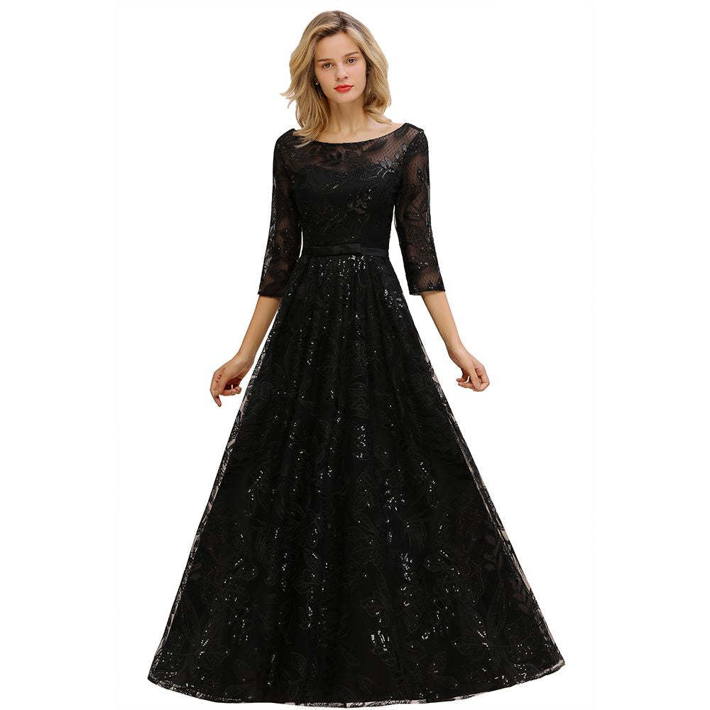 Charming Black Half Sleeves Tulle Sequins Evening Dress 20s Aline Prom Dress-BMbridal