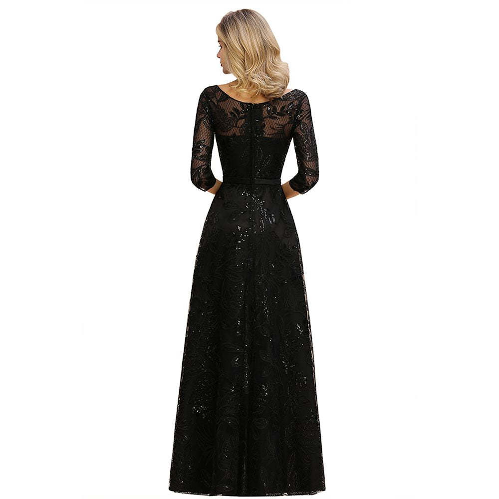 Charming Black Half Sleeves Tulle Sequins Evening Dress 20s Aline Prom Dress-BMbridal