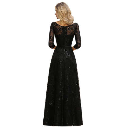 Charming Black Half Sleeves Tulle Sequins Evening Dress 20s Aline Prom Dress-BMbridal