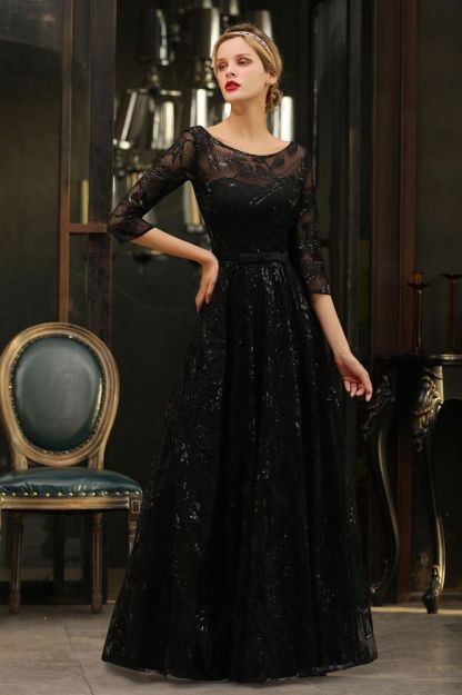 Charming Black Half Sleeves Tulle Sequins Evening Dress 20s Aline Prom Dress-BMbridal