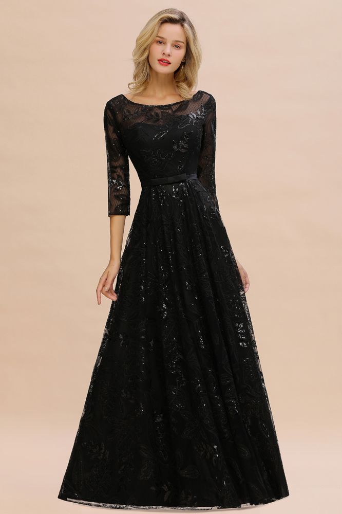 Charming Black Half Sleeves Tulle Sequins Evening Dress 20s Aline Prom Dress-BMbridal