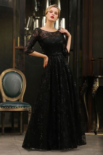 Charming Black Half Sleeves Tulle Sequins Evening Dress 20s Aline Prom Dress-BMbridal