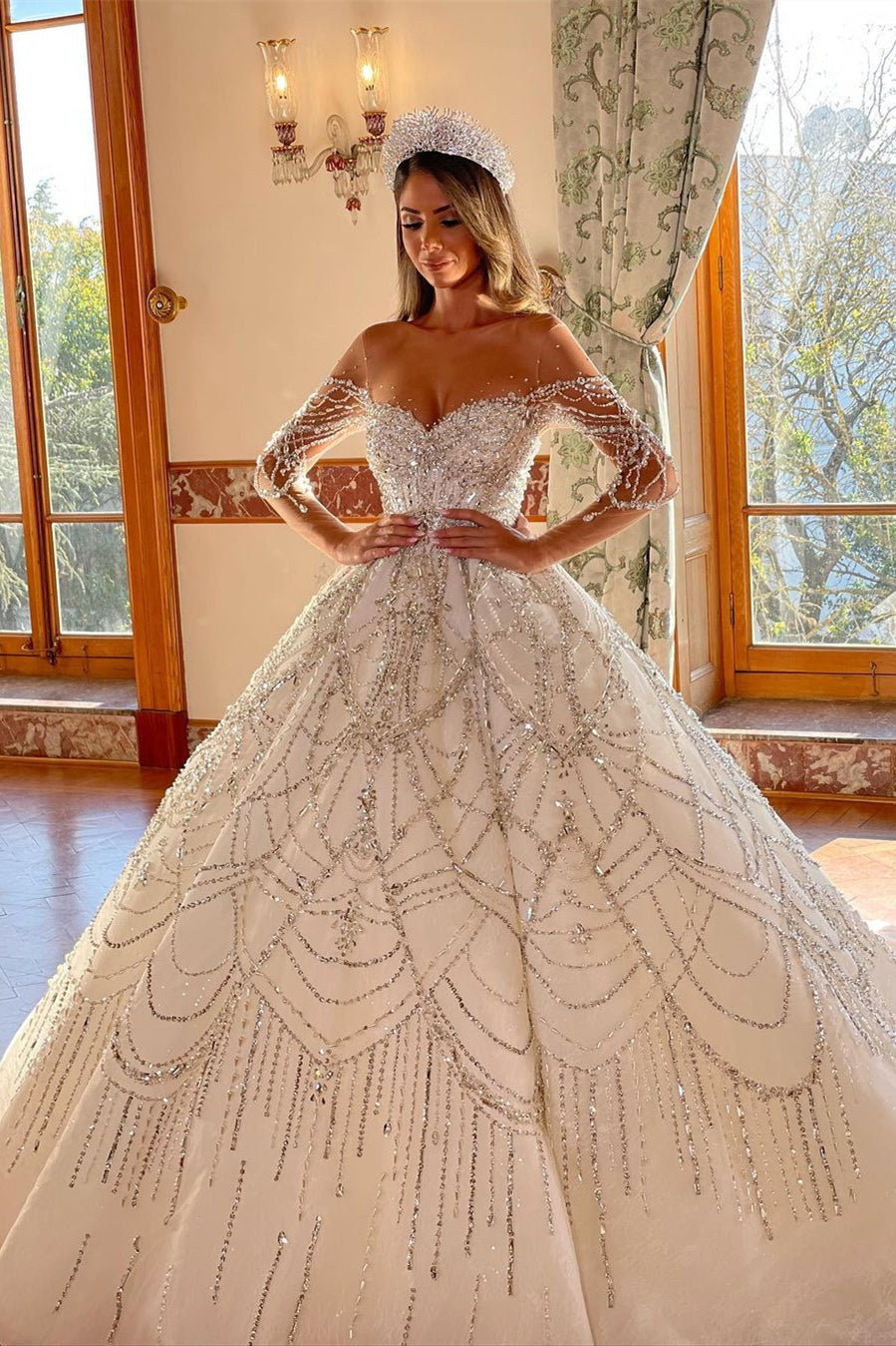 Charming Floor Length Sweetheart Long Sleeves A-Line Lace Wedding Dress-BMbridal.com