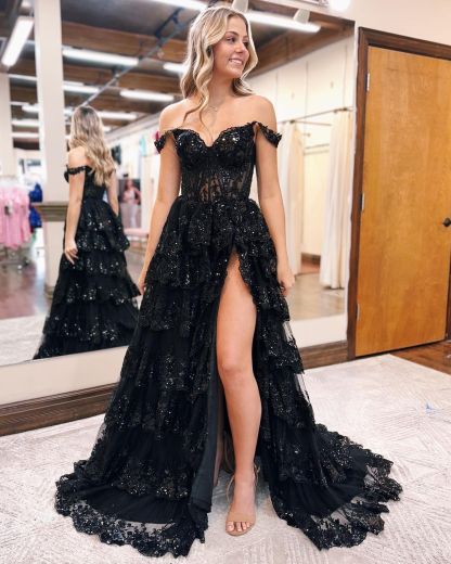 Charming Floor Length Sweetheart Sleeveless A Line Lace Prom Dress with Sweep Train-BMbridal.com