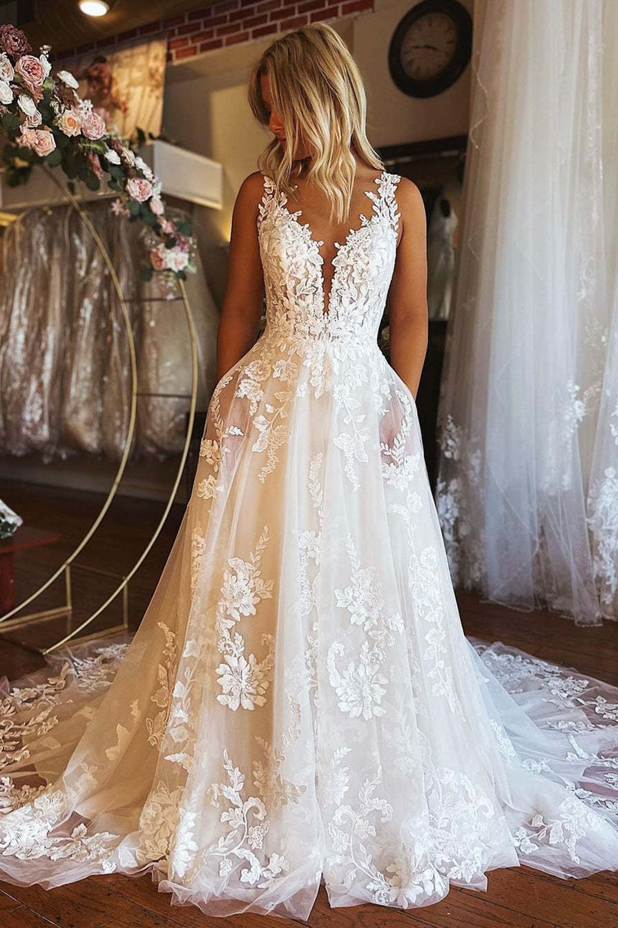 Charming Long A-line V-neck Backless Lace Sleeveless Wedding Dress With Pockets-BMbridal.com