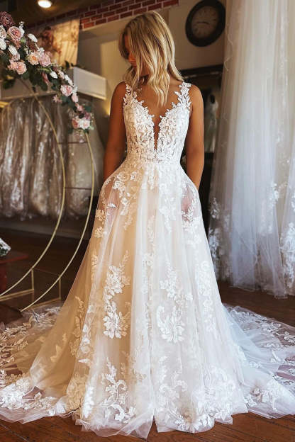 Charming Long A-line V-neck Backless Lace Sleeveless Wedding Dress With Pockets-BMbridal.com