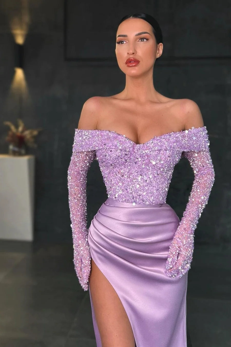 Charming Long Mermaid Off-the-shoulder Long Sleeves Lace Prom Dress With Slit-BMbridal.com