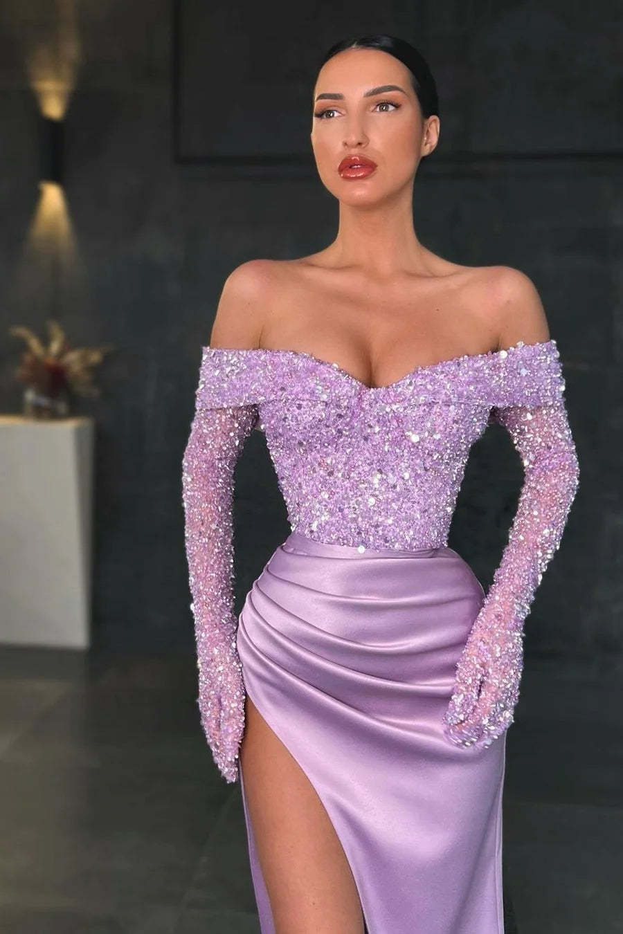 Charming Long Mermaid Off-the-shoulder Long Sleeves Lace Prom Dress With Slit-BMbridal.com