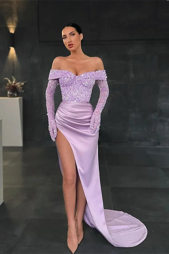 Charming Long Mermaid Off-the-shoulder Long Sleeves Lace Prom Dress With Slit-BMbridal.com
