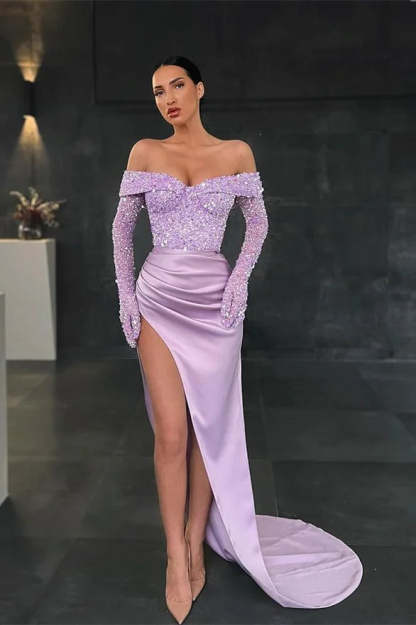 Charming Long Mermaid Off-the-shoulder Long Sleeves Lace Prom Dress With Slit-BMbridal.com