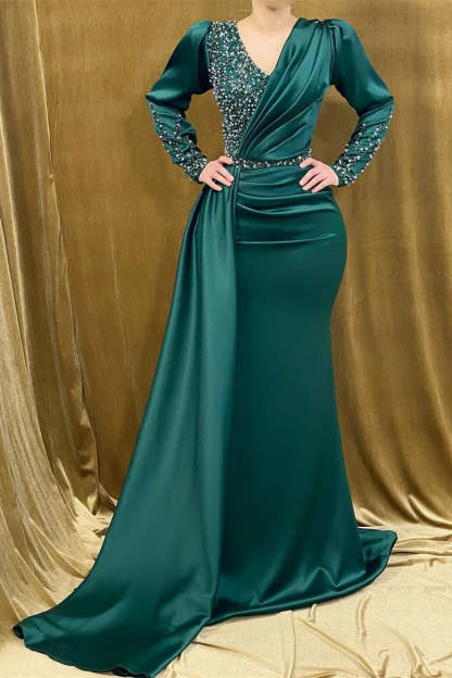 Charming Long Satin V-neck Mermaid Prom Dress With Beading-BMbridal.com