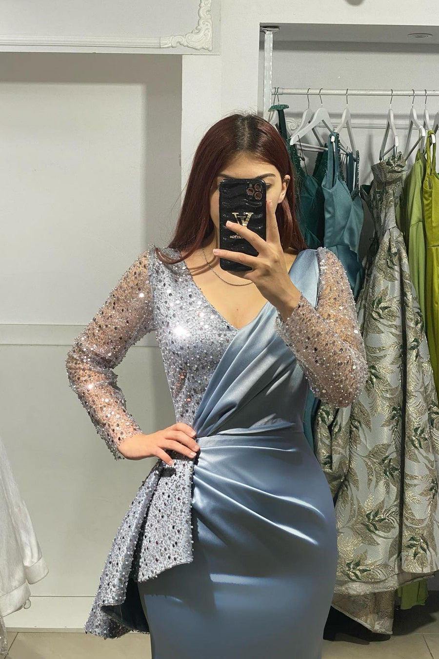 Charming Long V-Neck Long Sleeves Mermaid Prom Dress With Rhinestone-BMbridal.com