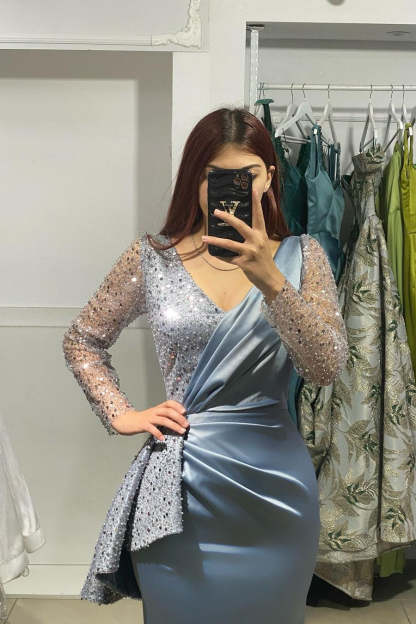 Charming Long V-Neck Long Sleeves Mermaid Prom Dress With Rhinestone-BMbridal.com