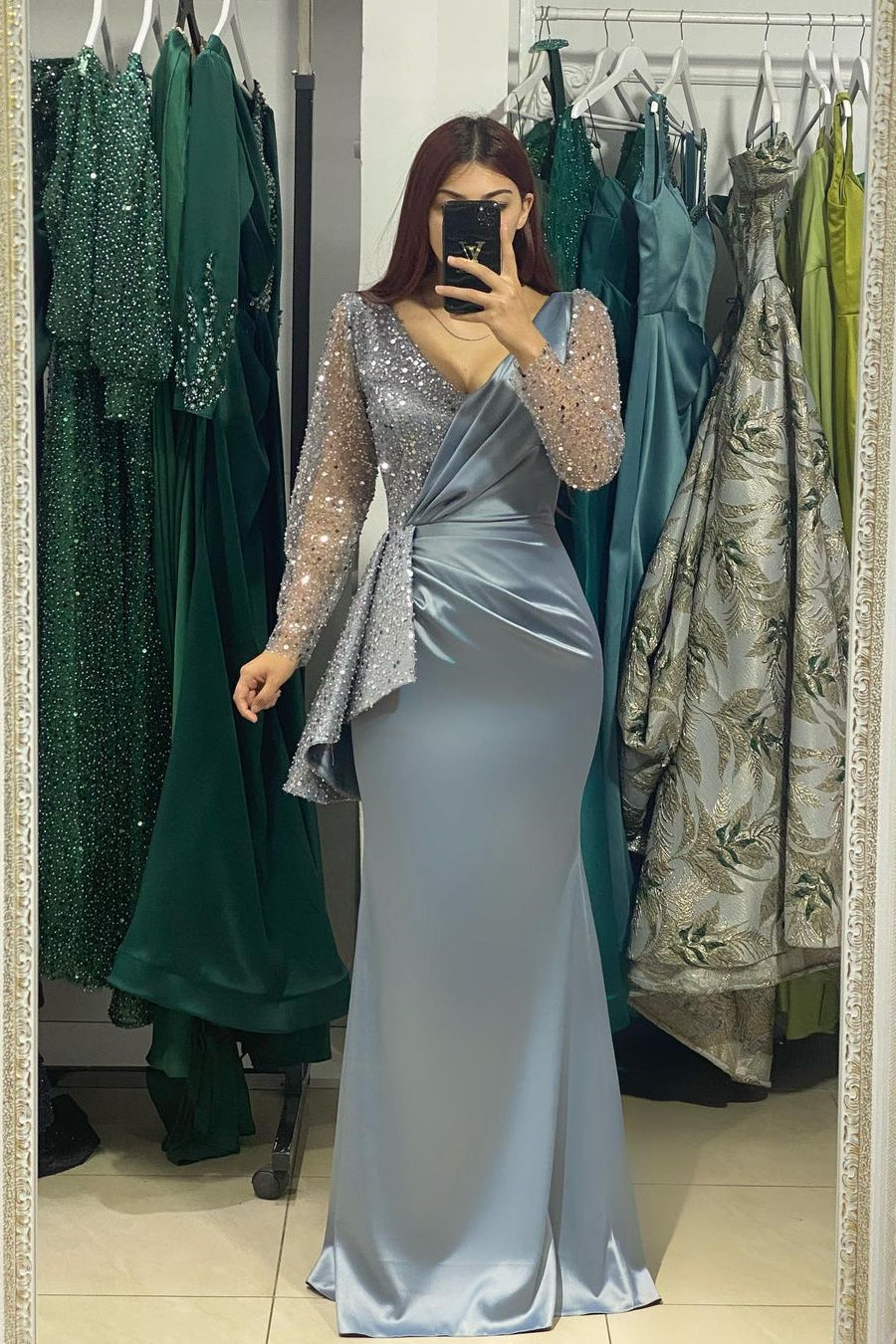 Charming Long V-Neck Long Sleeves Mermaid Prom Dress With Rhinestone-BMbridal.com