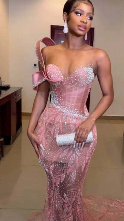 Charming One Shoulder Mermaid Prom Dress Glitter Sequins Pearl Sweetheart Evening Dress-BMbridal.com