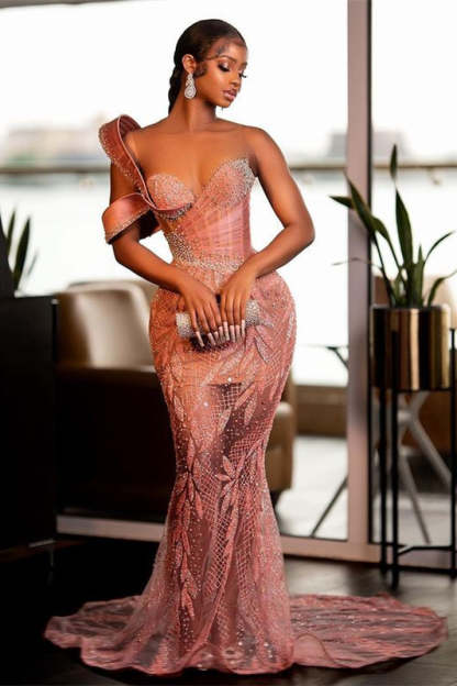 Charming One Shoulder Mermaid Prom Dress Glitter Sequins Pearl Sweetheart Evening Dress-BMbridal.com