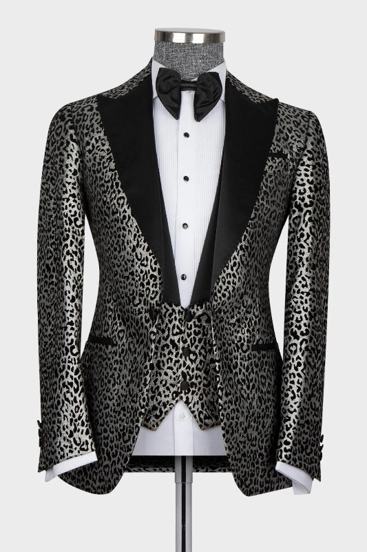 Chic Silver Three Pieces Prom Suit Jackets with Jacquard Peaked Lapel-BMbridal