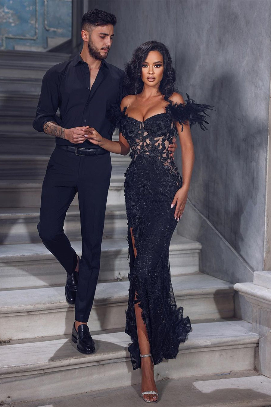 Chic Black Floor Length Sleeveless Off-The-Shoulder Mermaid Lace Prom Dress with Split-BMbridal.com