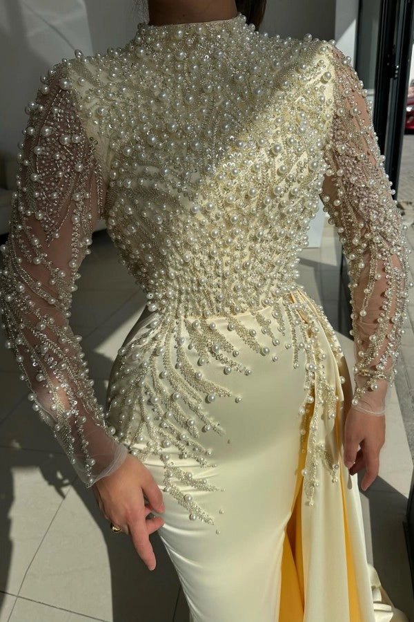 Chic Daffodil High-Neck Long Sleeves Mermaid Prom Dress with Beads and Panel Train