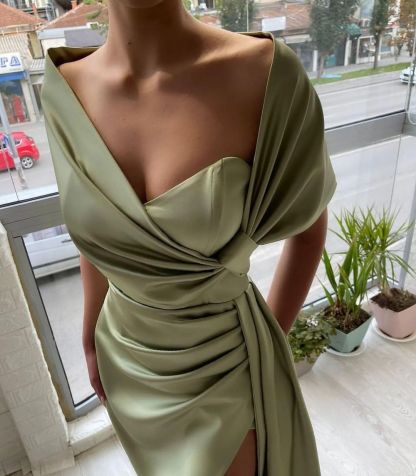 Chic Floor Length Portrait A Line Satin Prom Dress with Ruffles-BMbridal.com