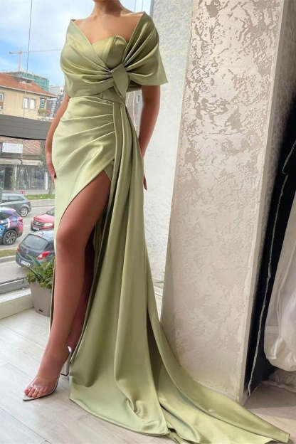 Chic Floor Length Portrait A Line Satin Prom Dress with Ruffles-BMbridal.com