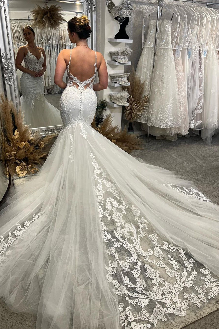 Chic Floor Length V-Neck Spaghetti Straps Sleeveless Mermaid Wedding Dress with Chapel Train-BMbridal