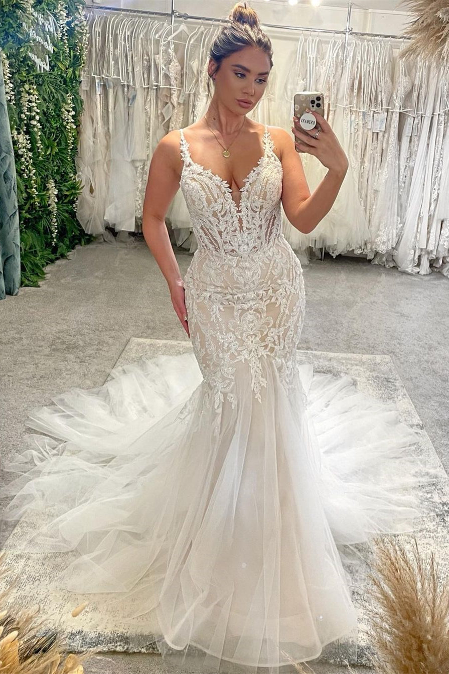 Chic Floor Length V-Neck Spaghetti Straps Sleeveless Mermaid Wedding Dress with Chapel Train-BMbridal