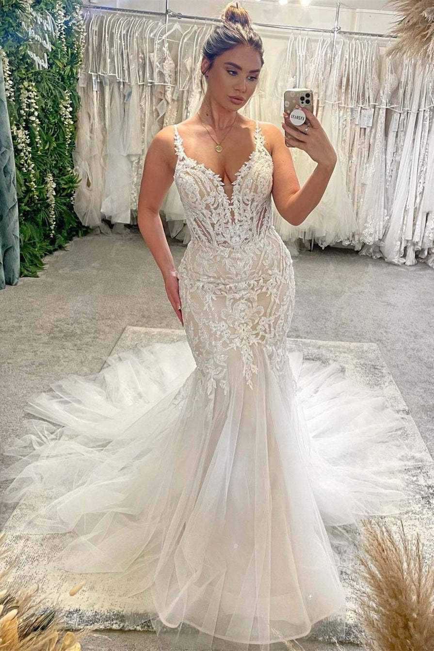 Chic Floor Length V-Neck Spaghetti Straps Sleeveless Mermaid Wedding Dress with Chapel Train-BMbridal