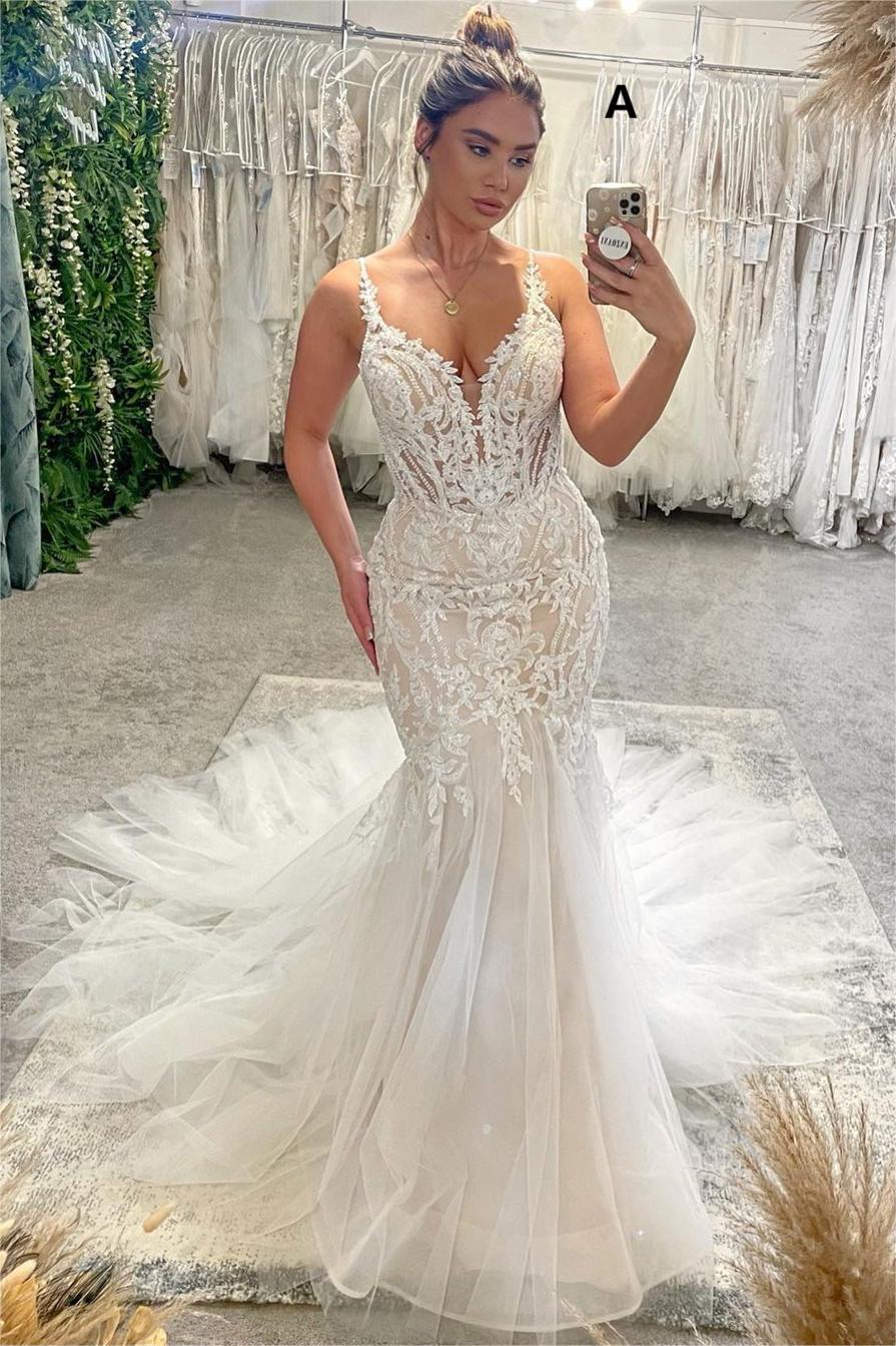 Chic Floor Length V-Neck Spaghetti Straps Sleeveless Mermaid Wedding Dress with Chapel Train-BMbridal