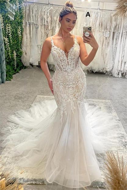Chic Floor Length V-Neck Spaghetti Straps Sleeveless Mermaid Wedding Dress with Chapel Train-BMbridal