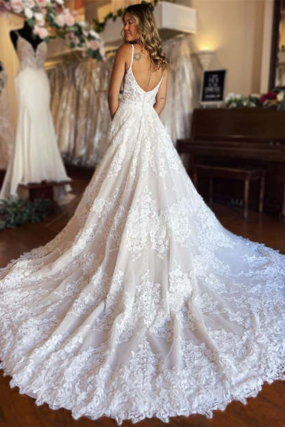 Chic Long A-line Spaghetti Straps Lace Wedding Dress With Slit-BMbridal.com