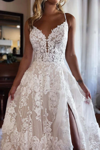Chic Long A-line Spaghetti Straps Lace Wedding Dress With Slit-BMbridal.com