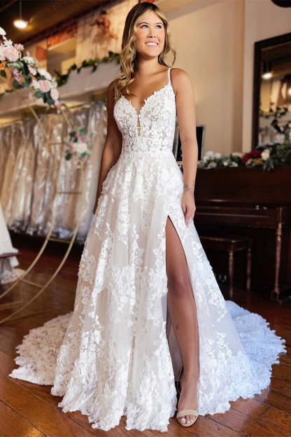 Chic Long A-line Spaghetti Straps Lace Wedding Dress With Slit-BMbridal.com