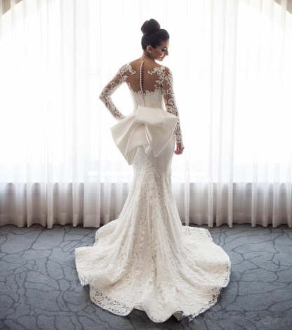 Chic Mermaid Lace Long Sleeves Wedding Dress With Detachable Train-BMbridal.com