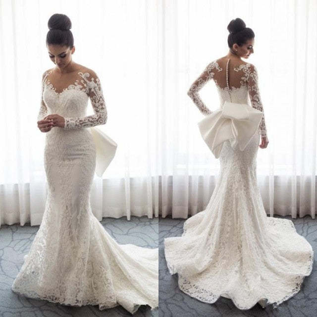 Chic Mermaid Lace Long Sleeves Wedding Dress With Detachable Train-BMbridal.com
