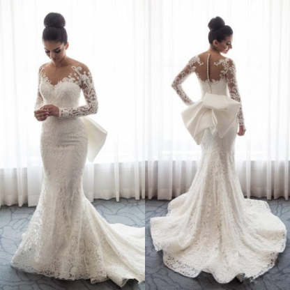 Chic Mermaid Lace Long Sleeves Wedding Dress With Detachable Train-BMbridal.com